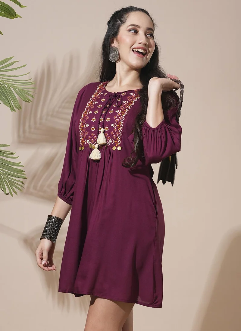 globus Globus Women Embroidered Yoke Tie-Up Detailing Bishop Sleeves A-Line Mini Dress